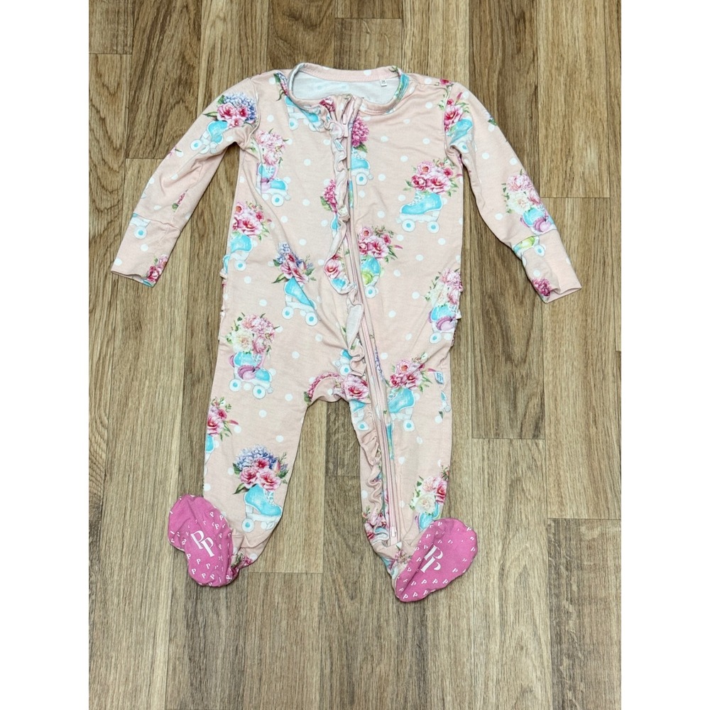 Posh Peanut Pink Roller Skate Floral Bamboo Ruffle Footie Pajama 3-6 Months